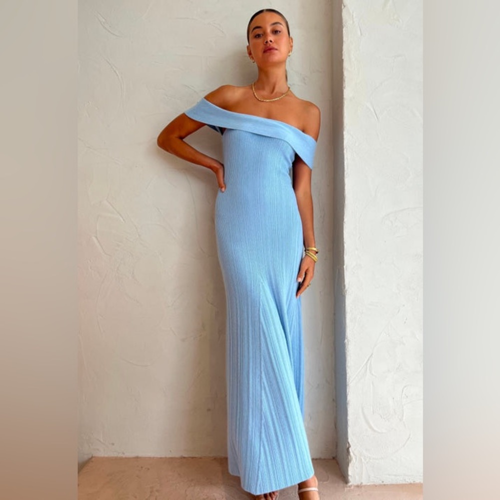 Anna Quan powdered blue ribbed knit sweater dress off the shoulder maxi nwt